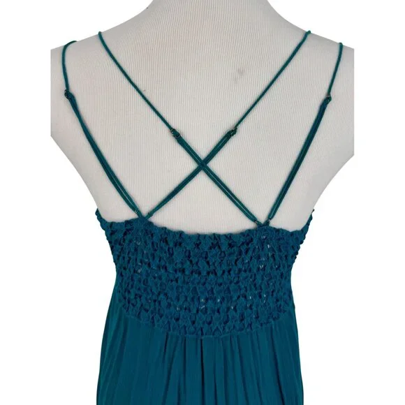 Free People Teal Lace Crochet Trim Ruffled Hem Flowy Casual Boho Slip Dress - Picture 13 of 16